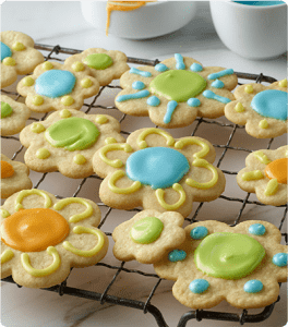 Several Iced Cutout Sugar Cookies decorated with colored frosting to look like flowers.