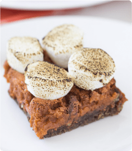 A Pumpkin Pecan Pie Bar with Marshmallow Topping.