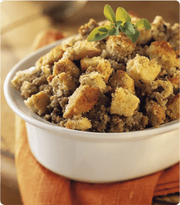 A baking dish of Classic Holiday Stuffing.