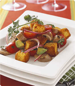 A plate of Cornbread and Sausage Salad with Southwestern Dressing.