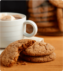Two Molasses Crinkle Cookies served with a cup of hot chocolate.