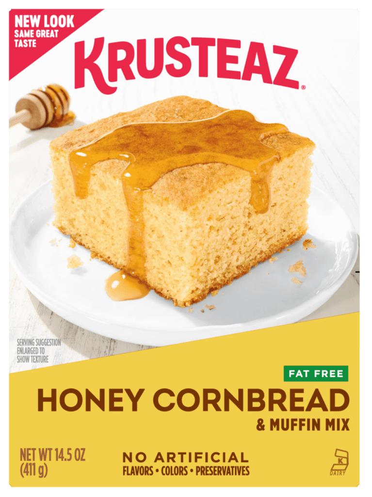A box of Krusteaz Fat Free Honey Cornbread & Muffin Mix.