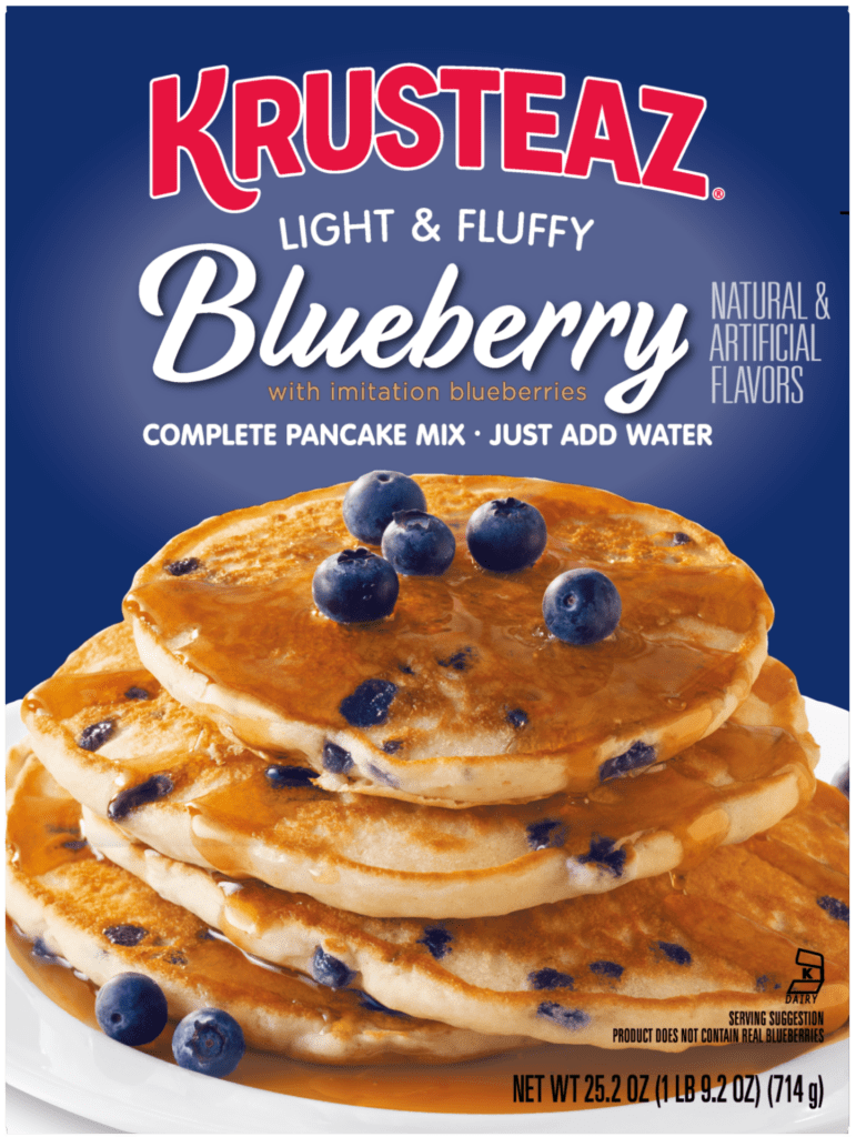A box of Krusteaz Light and Fluffy Blueberry Complete Pancake Mix.