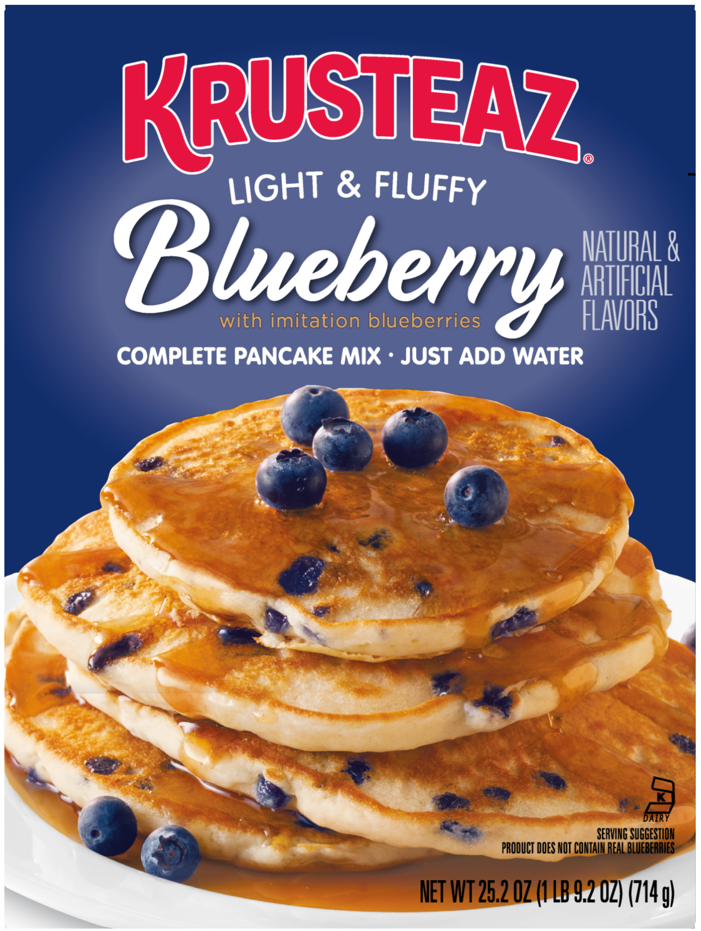 A box of Krusteaz Light and Fluffy Blueberry Complete Pancake Mix.
