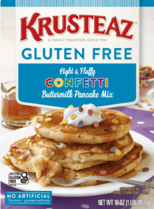 A box of Krusteaz Gluten Free Confetti Buttermilk Pancake Mix.