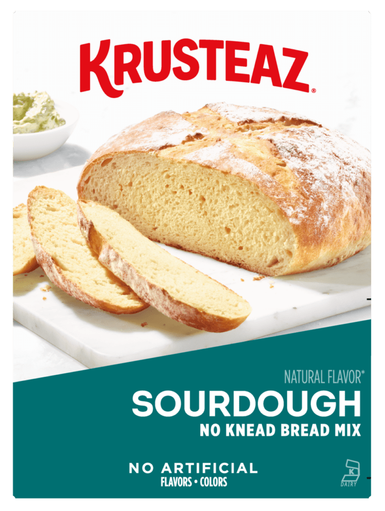 Box of Krusteaz Sourdough No Knead Bread Mix.