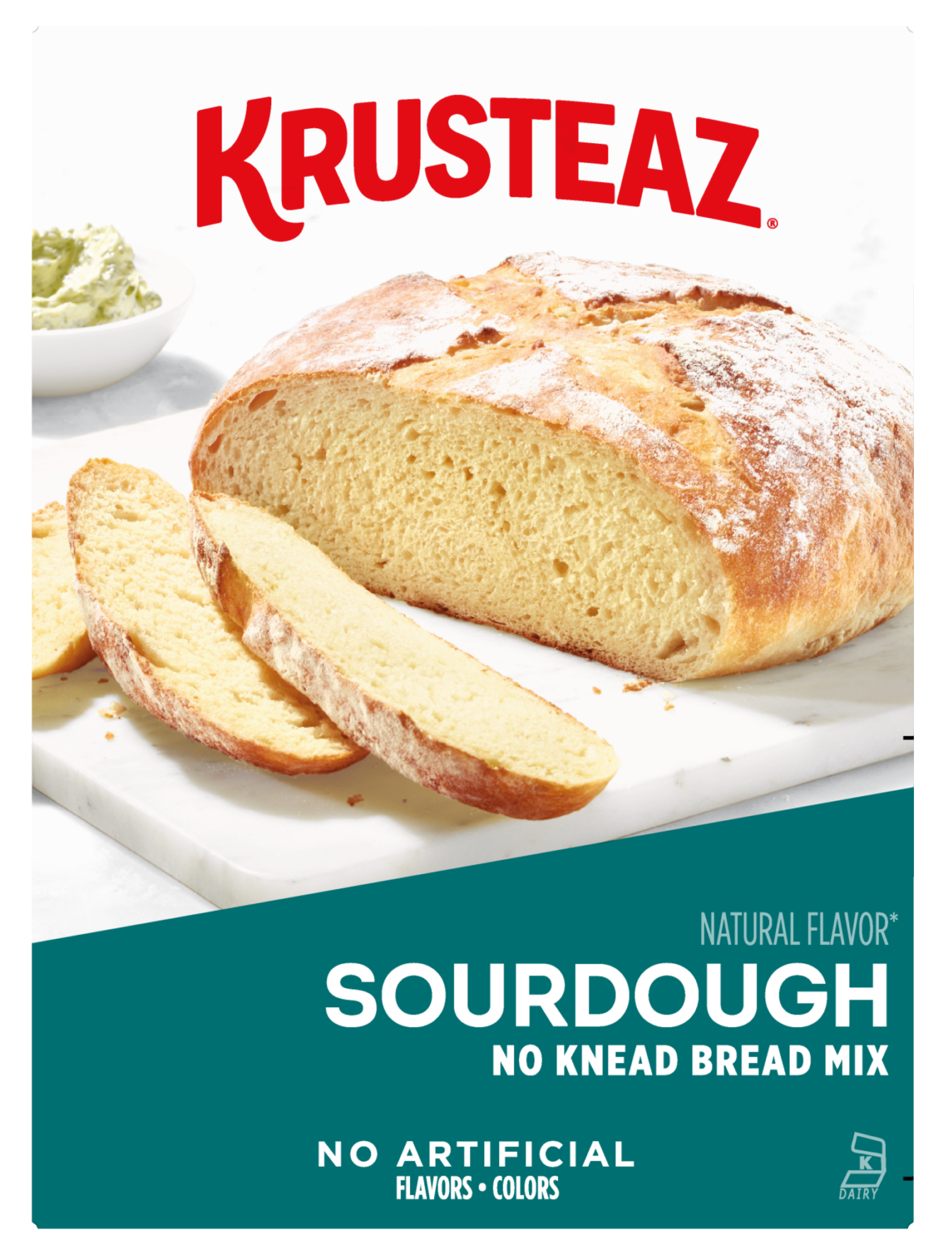 Box of Krusteaz Sourdough No Knead Bread Mix.