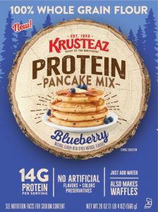 A box of Krusteaz Blueberry Protein Pancake Mix.