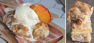 Serving plate of Peach Cobbler Bars topped with vanilla ice cream and sliced peaches.