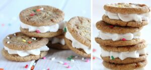 Stuffed Toffee Snickerdoodle Cookies stacked on top of other.