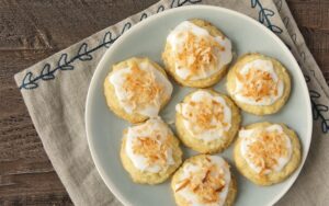 Plate of Toasted Coconut-White Chocolate Cookies.