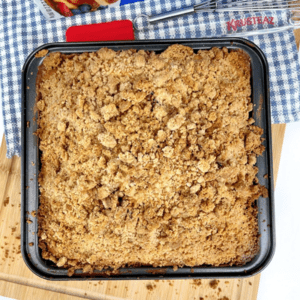 A baking dish full of Coffee Cake.