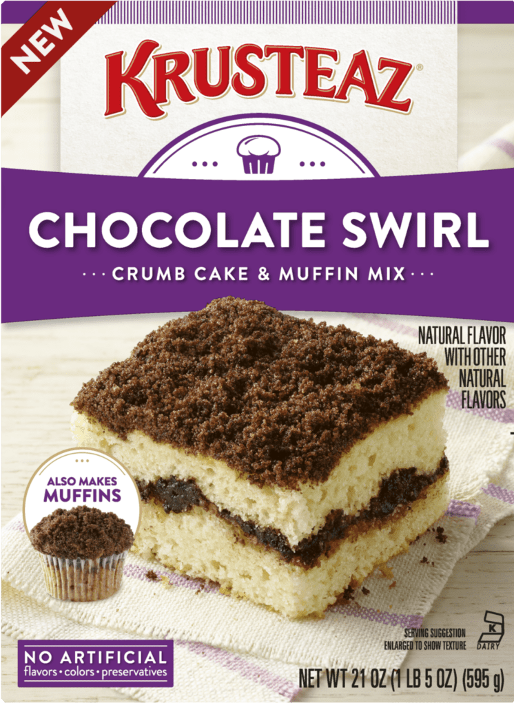 A box of Krusteaz Chocolate Swirl Crumb Cake & Muffin Mix