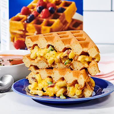 Two halves of a Bacon Mac and Cheese Waffle Sandwich stacked on top of each other.