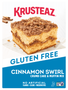 Box of Krusteaz Gluten Free Cinnamon Swirl Crumb Cake & Muffin Mix.