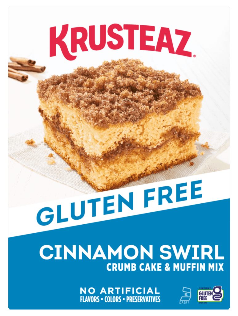 Box of Krusteaz Gluten Free Cinnamon Swirl Crumb Cake & Muffin Mix.