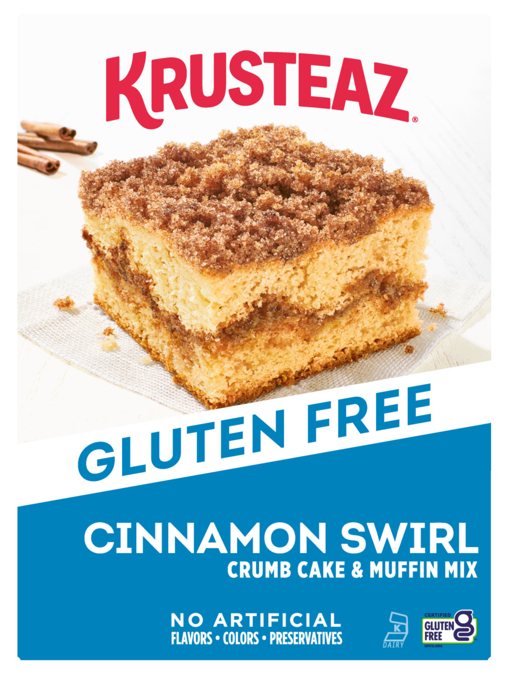 Box of Krusteaz Gluten Free Cinnamon Swirl Crumb Cake & Muffin Mix.