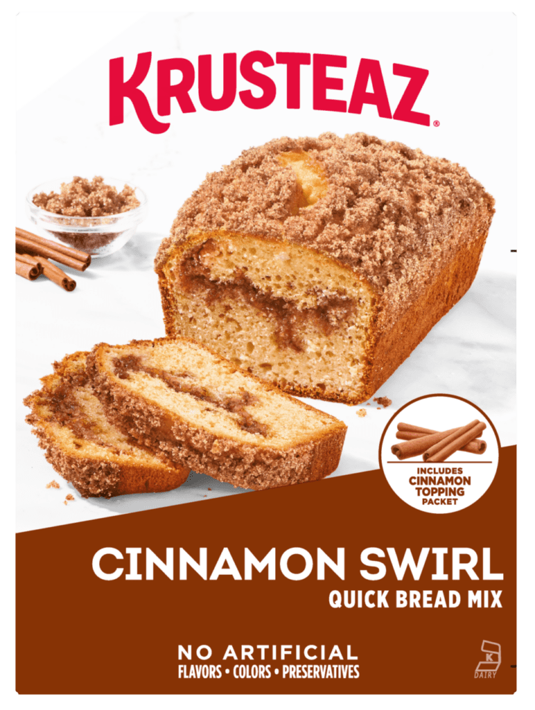 Box of Krusteaz Cinnamon Swirl Quick Bread Mix.