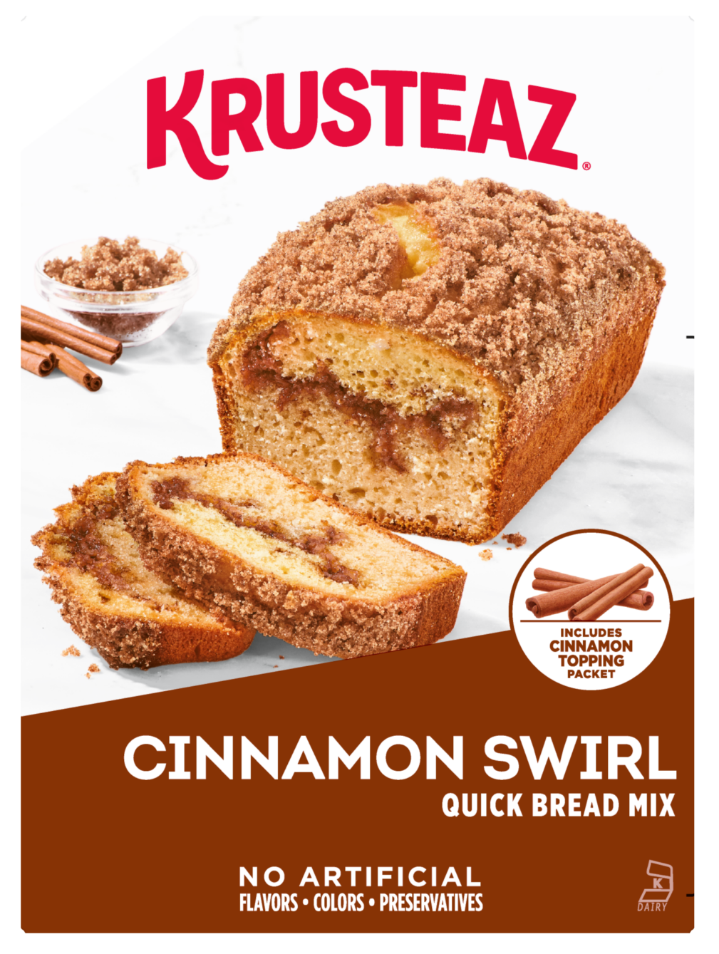 Box of Krusteaz Cinnamon Swirl Quick Bread Mix.