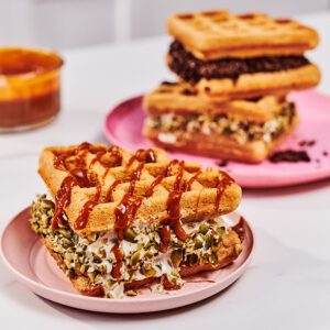 An indulgent dessert featuring the Krusteaz Churro Waffle mix.