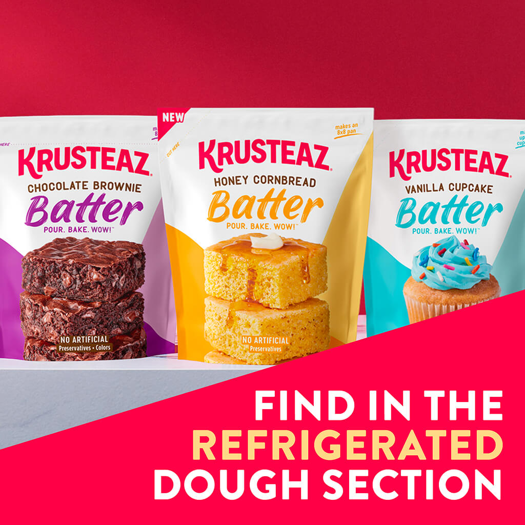 Krusteaz batter lineup of Chocolate Brownie, Vanilla Cupcake, and Honey Cornbread