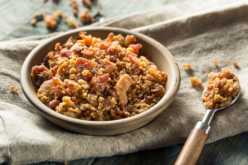 Organic Crumbled Bacon Pieces in a Bowl