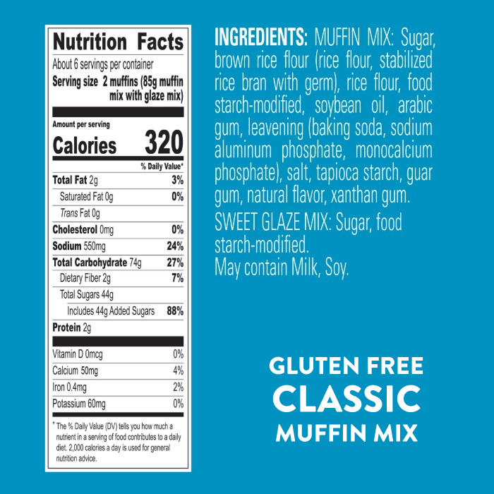 List of ingredients on a box of Krusteaz Gluten Free Classic Muffin Mix.